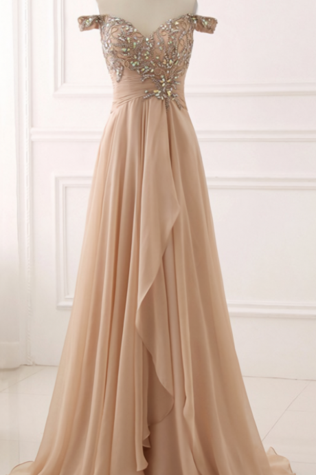 A Line Evening Dresses, Long Crystal Beading Off The Shoulder Chiffon Prom Dresses Vestidos