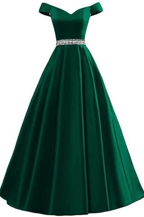 Simple Off The Shoulder Green Satin Long Prom Dress