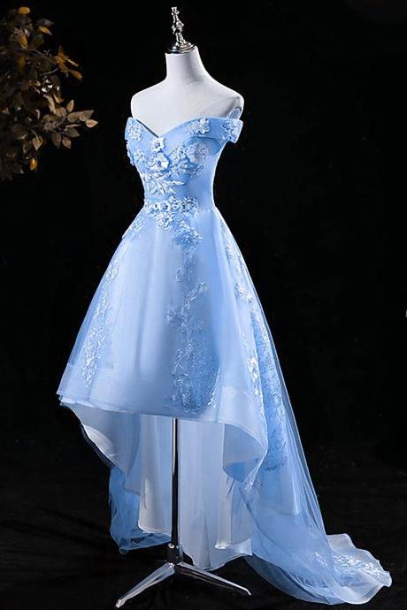 Lovely High Low Tulle Lace Applique Party Dress, Off Shoulder Homecoming Dresses