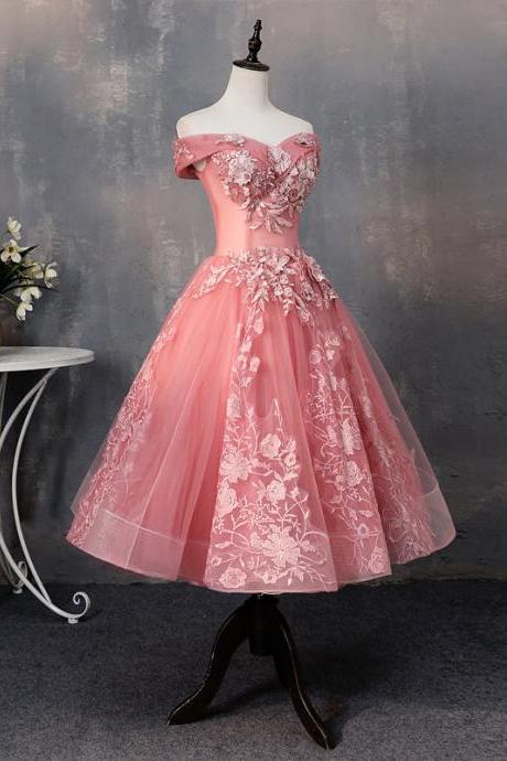 Off Shoulder Tea Length Party Dress With Lace, Formal Dress Prom Dress