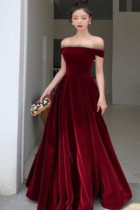 Elegant Burgundy Velvet A-Line Lace-Up Floor Length Party Dress, Dark Red Evening Dress Prom Dress