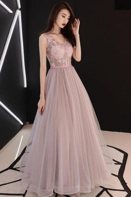 Pink V-Neckline Beaded Tulle With Lace Floor Length Party Dress, Pink Evening Dresses