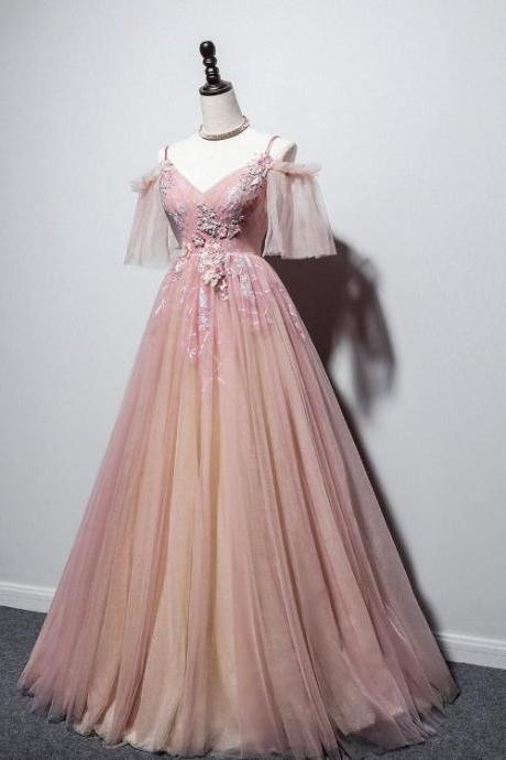 Pink Tulle V-Neckline Off Shouler Chic Long Party Dress, Pink Formal Dress