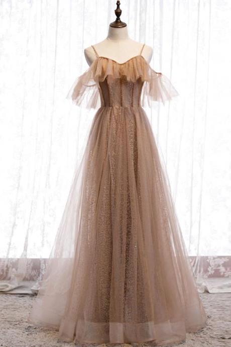 Champagne Tulle Off Shoulder Straps A-Line Prom Dress, Long Evening Dress Party Dress