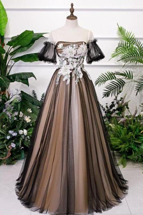 Black And Champagne Short Sleeves Tulle With Lace Party Dress, A-Line Floor Length Prom Dress