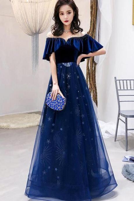 Navy Blue Velvet And Tulle Floor Length Evening Dress Party Dress, Blue Junior Prom Dresses