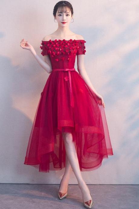 Lovely Flowers High Low Off Shoulder Prom Dress, High Low Tulle Homecoming Dress