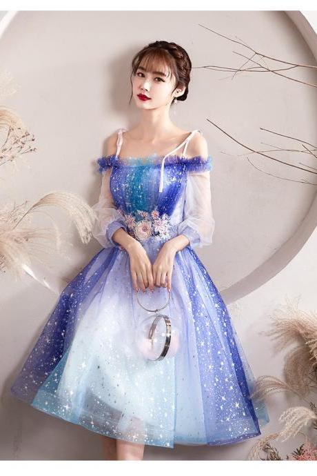 Beautiful Gradient Blue Sparkle Short Prom Dress, Off Shoulder Tulle Homecoming Dress