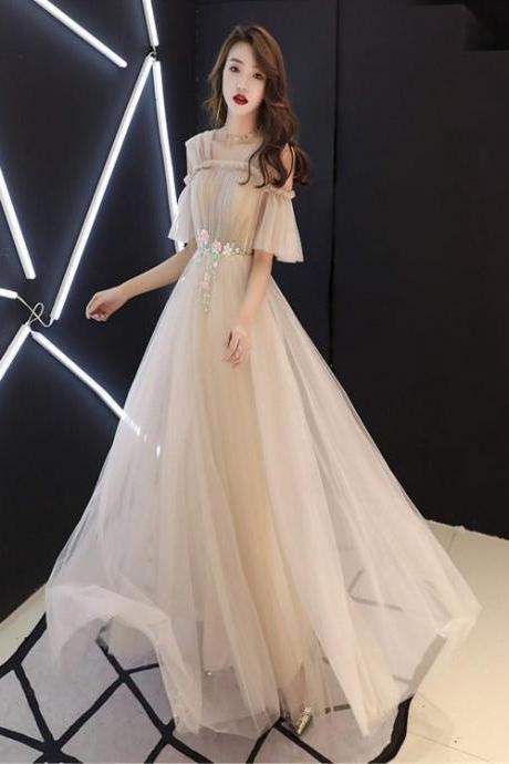 Champagne Tulle A-Line Off Shoulder Formal Dress With Flowers, Simple Prom Dresses Party Dress