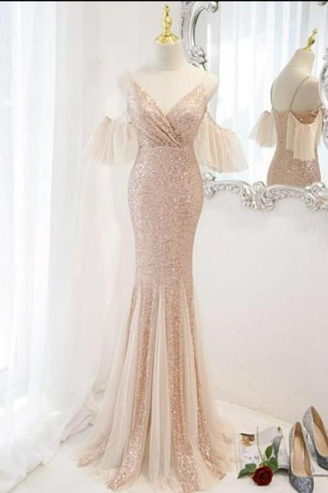 Sequins And Tulle Mermaid Long Party Dress Prom Dress, Off Shoulder Formal Dresses