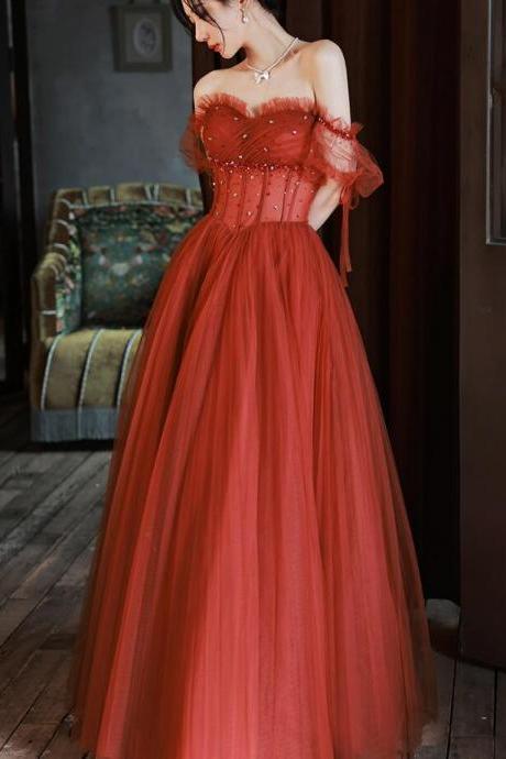 Charming Sweetheart Beaded Off Shoulder Long Party Dresses, Tulle Evening Gown