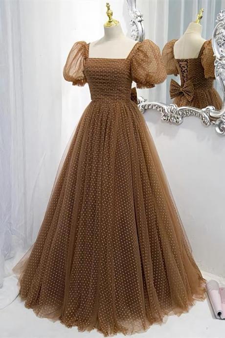 Brown Short Sleeve Long Formal Dress With White Dots
