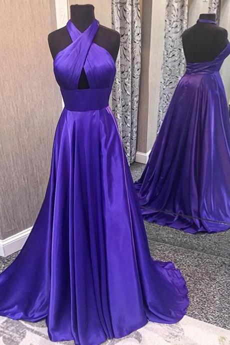 Satin Tie-Halter Floor Length A-Line Formal Dress Featuring Cutout Front And Open Back, Prom Dress