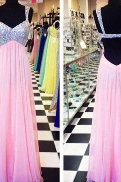 Pink Prom Dresses,Sparkly Prom Dress,Sparkle Prom Gown,Bling Prom Dresses,Straps Evening Gowns,2023 Evening Gown,Beaded Formal Dress For Teen