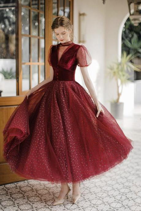 Burgundy Tulle Short Prom Dress A Line Evening Dress