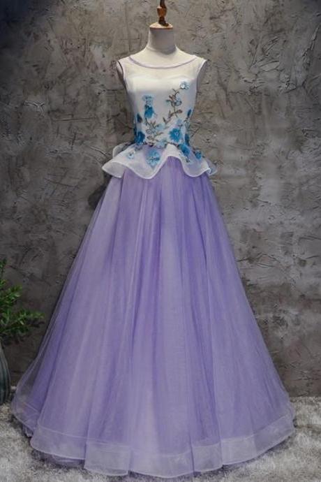 Charming Lavender Tulle Floor Length Floral Prom Dress, A-Line Formal Dress