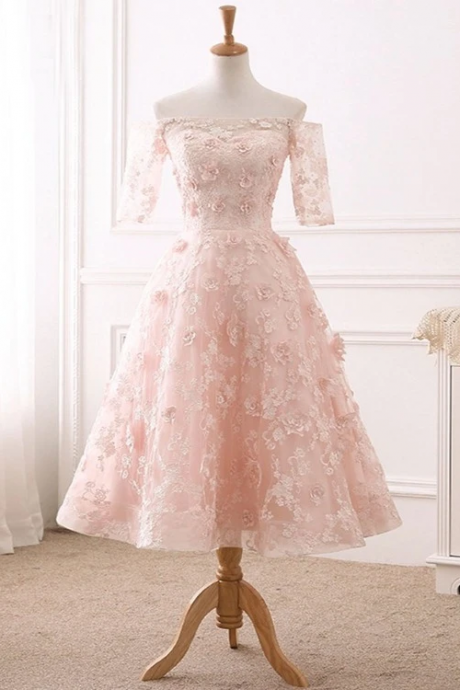 Light Pink Tea Length Floral Lace Wedding Party Dress,Cute A-Line Prom Dress