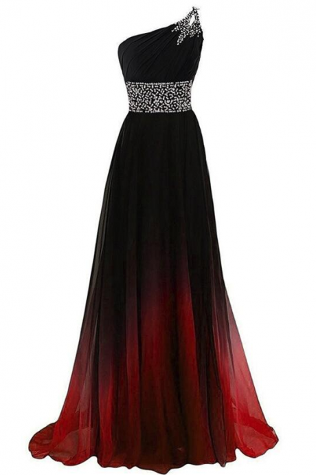 Black And Red Gradient Chiffon One Shoulder Beaded Party Dress, Cute Junior Prom Dress