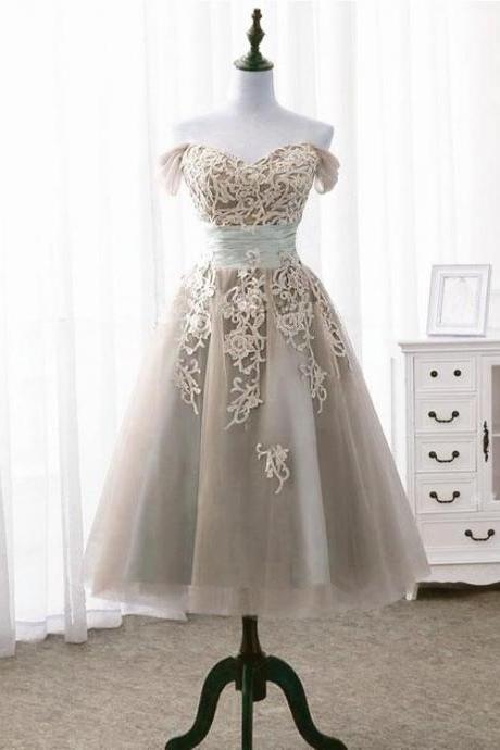 Light Champagne Vintage Style Tea Length Off Shoulder Party Dress, Bridesmaid Dress