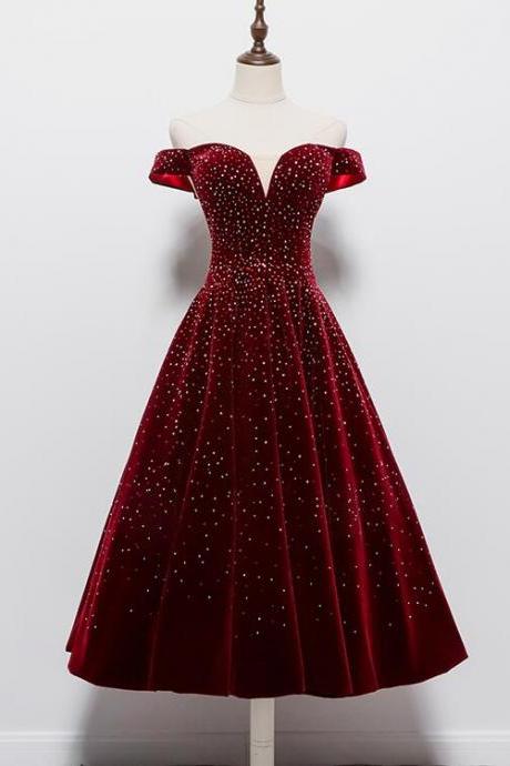 Beautiful Wine Red Tea Length Sweetheart Party Dress, Velvet Bridesmaid Dress Prom Dress