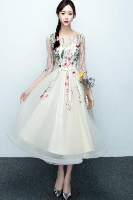 Light Champagne Tea Length Floral Lace Formal Dress Bridesmaid Dress, Cute Short Party Dresses