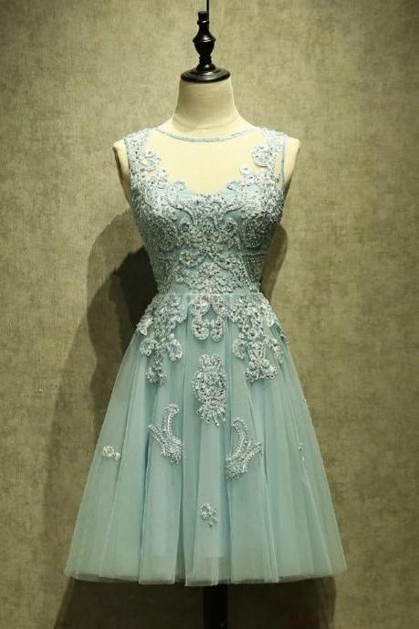 Mint Green Tulle Short Lace Beaded Knee Length Wedding Party Dress, Lovely Homecoming Dress Prom Dress
