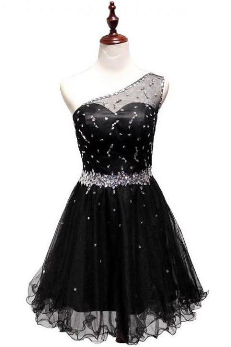 One Shoulder Homecoming Dress,Black Homecoming Dresses,Tulle Homecoming Dress,Party Dress,Short Prom Gown,Backless Sweet 16 Dress,Homecoming Gowns