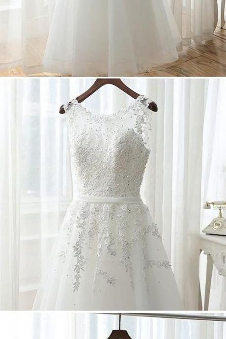 Lovely Tea Length White Tulle And Lace Round Neckline Party Dresses, White Formal Dresses, Tea Length Prom Dresses