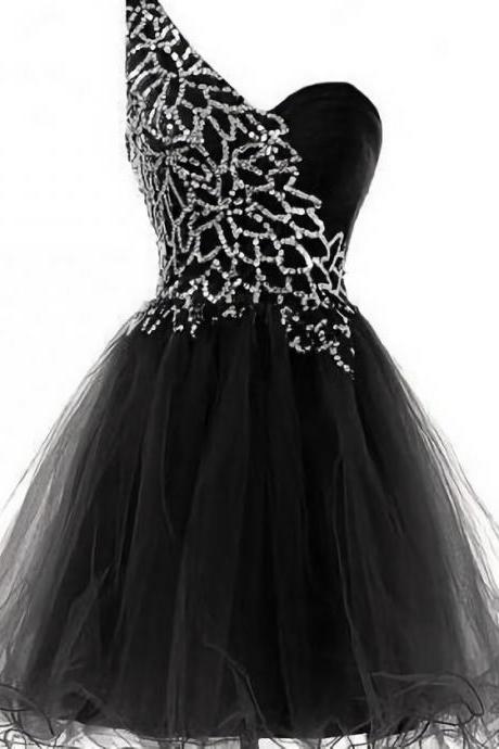 One Shoulder Black Homecoming Dresses ,Mini Length Sequin Homecoming Dress,Lace Up Back Short Prom Dresses,Wedding Party Dresses,Graduation Dress,Cheap Cocktail Dresses,Sweet 16 Dress,Homeocoming Gowns