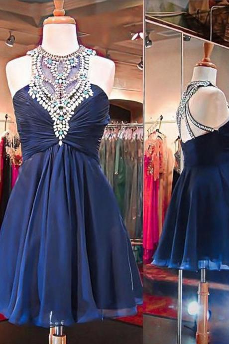 Tulle Prom Gown,Cute Prom Dress,Dark Blue Mini Prom Party Dress,O Neck Beaded Prom Gowns