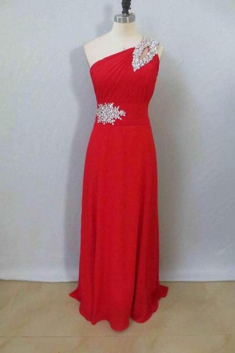 One Shoulder Long Red Chiffon Prom Dresses Crystals Floor Length Women Dresses
