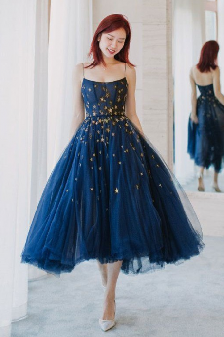 A Line Spaghetti Straps Navy Blue Tea Length Prom Homecoming Dress With Sequins