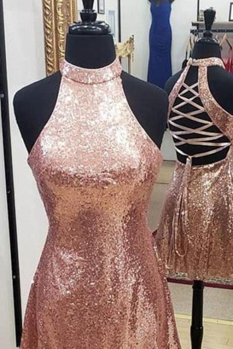Sparkly Rose Gold Sequins Prom Dresses Halter Sexy Short Homecoming Dress Cross Straps Back