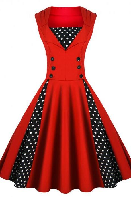 Vintage Dress Polka Dot Patchwork Sleeveless Casual Dress Rockabilly Swing Short Party Dress Red Color