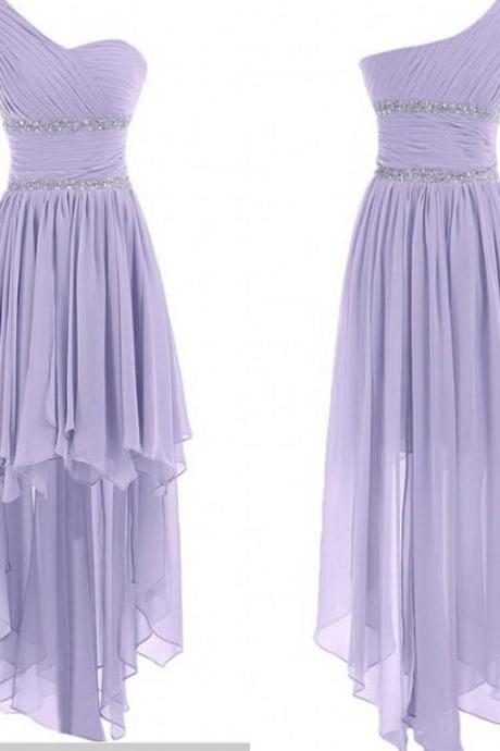 Cute One Shoulder High Low Lavender Chiffon Sweetheart Prom Dress, Bridesmaid Dress, Wedding Party Dresses