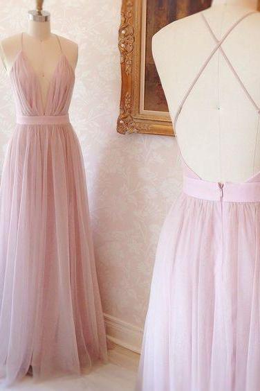 Simple A-Line V-Neck Long Pink Tulle Prom Dress With Criss Cross Back Evening Dress Cheap