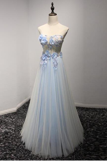 Light Blue Floral AppliquU00E9S Beaded Embellished Sweetheart Floor Length Tulle A-Line Formal Dress, Prom Dress