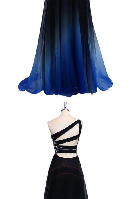 Elegant Sleeveless Prom Dress, One Shoulder Gradient Color Chiffon Prom Dresses, Long Evening Dress