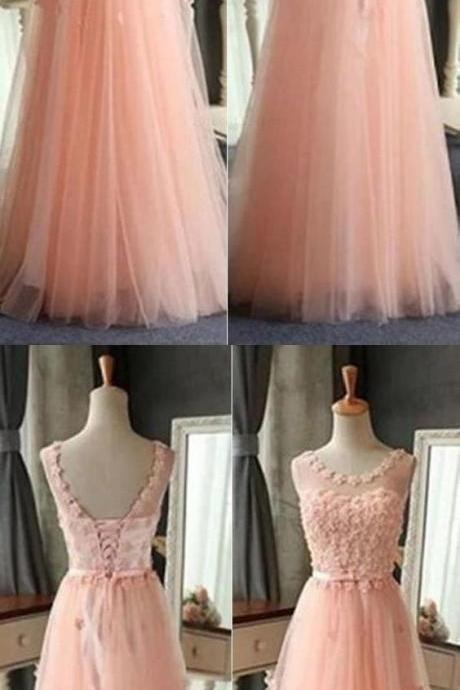Elegant Tulle Appliques Floor Length Prom Dress, Cheap Lace Up Homecoming Dress