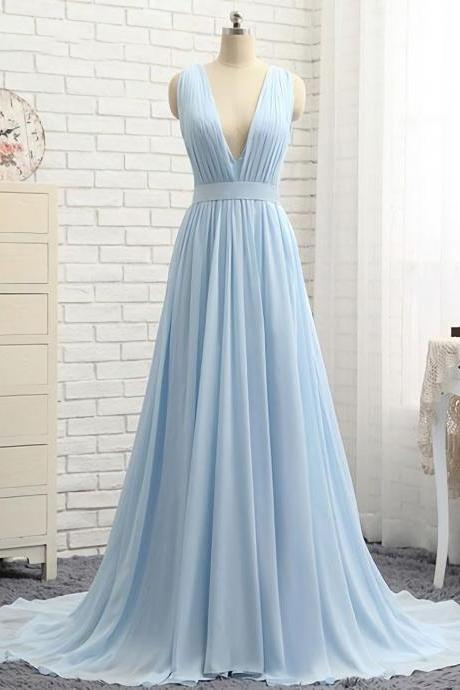 Simple Blue V Neck Chiffon Long Prom Dress, Blue Evening Dress
