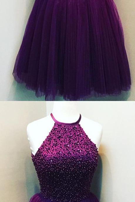 A-Line Beaded Hater Pleated Tulle Homecoming Dresses Purple Prom Short Dress For Graduation Party