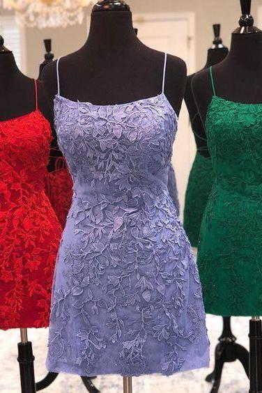 Straps Lace Short Tight Homecoming Dresses In Red / Lavrnder / Green Color