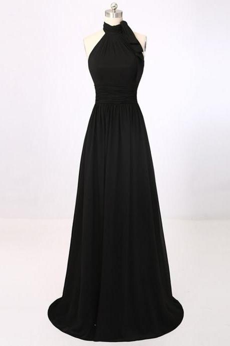 Modest Prom Dresses,Sexy New Prom Dress,New Arrival A-Line Black Halter Summer Party Dresses Simple Chiffon Long Prom Dress