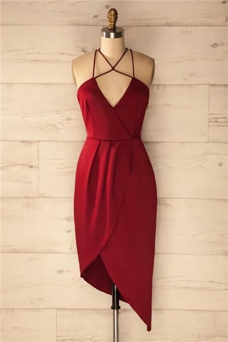 Sheath V-Neck Sleeveless Criss Cross Burgundy Satin Asymmetrical Homecoming Dress