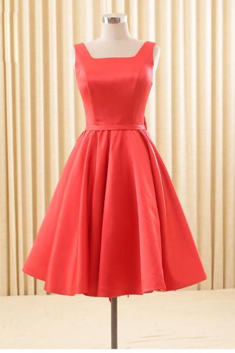 Elegant Satin Red School Homecoming Dresses Backless Bowknot Knee Length Short Cocktail Prom Bridesmaid Gowns