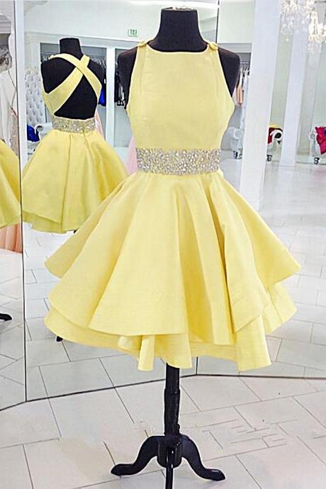 Yellow Homecoming Dresseses,Cross Back Homecoming Dress,Short Prom Dresses,Cute Party Dress, Beading Homecoming Dresses