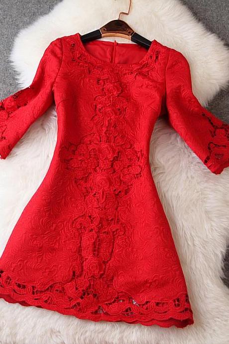 Embroidered Crochet Short Dress,Half Sleeve Party Dress,Mini Prom Dress