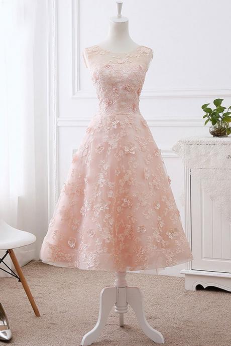 Pink Lace Tulle Tea Length Prom Dress, Lace Evening Dress