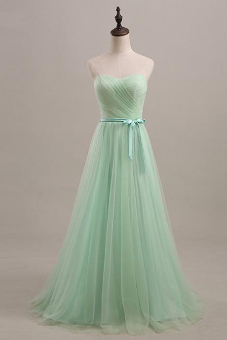 Custom Made Mint Green Sweetheart Floor Length Draped Tulle Prom Dress With Ribbon Sash