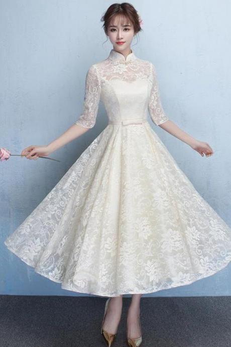 Ivory Lace High Neckline Short Sleeves Cute Bridesmaid Dress, Ivory Tea Length Party Dresses